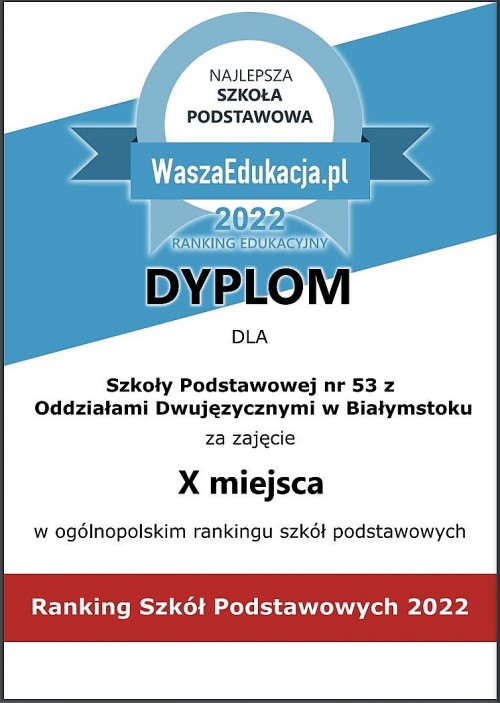 Dyplom za zajęcie 10 miejsca jako najlepsza szkoła podostawowa w Polsce 2022